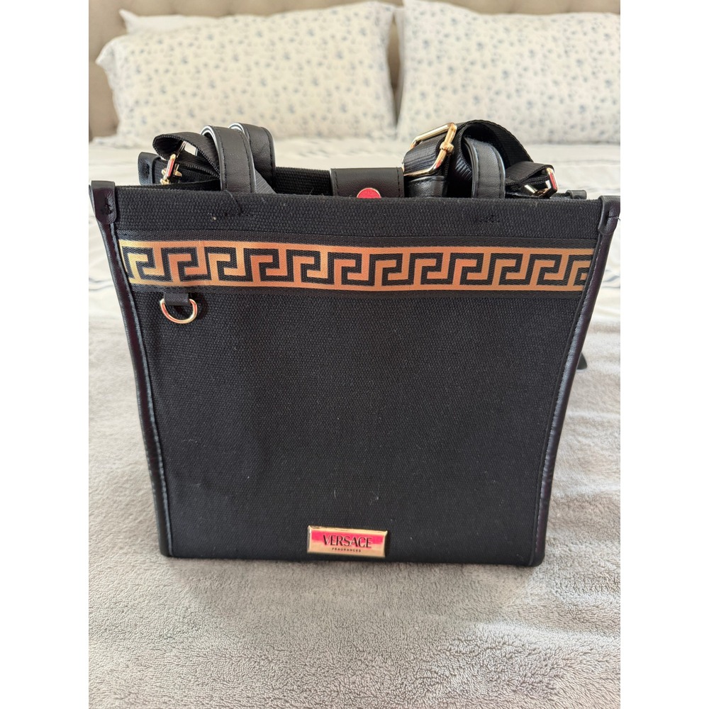 Versace Fragrances Black Canvas Tote Bag Gold Greek Key Crossbody Handbag